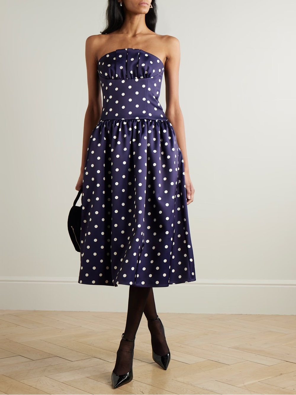 Self Portrait Strapless Navy Polka Dot Midi Dress Size 4